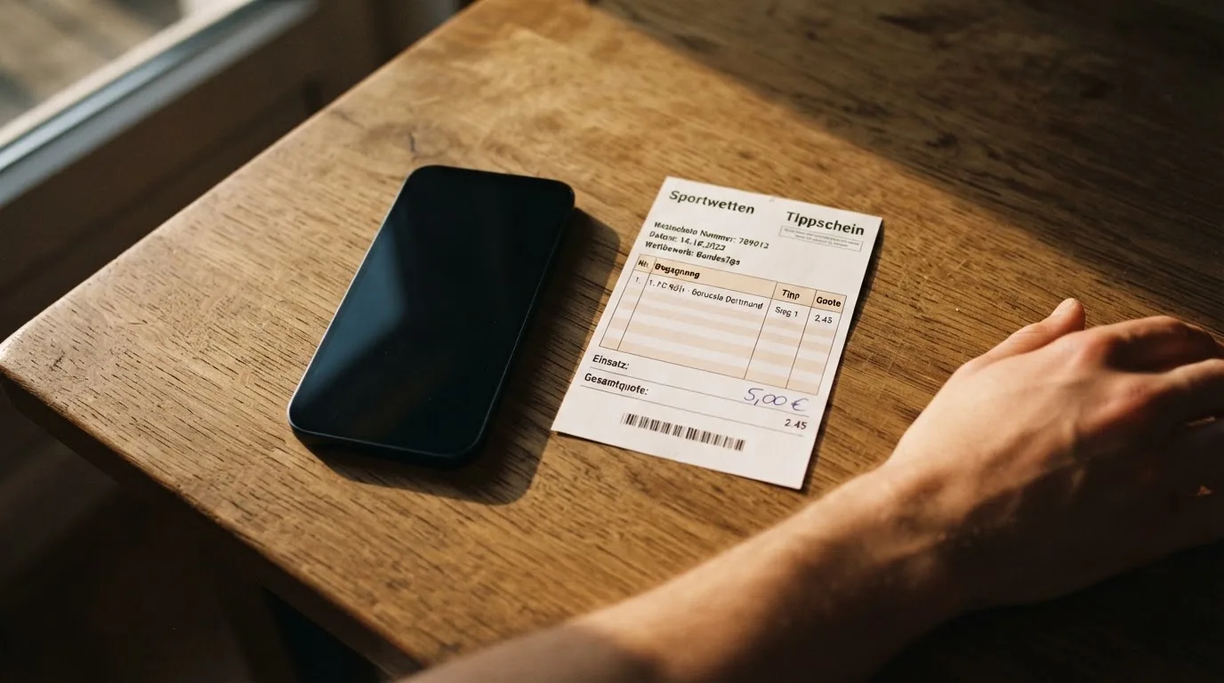 Ein Smartphone mit dunklem Display liegt neben einem leeren Papier-Wettschein auf einem Holztisch, Licht fällt von der Seite.