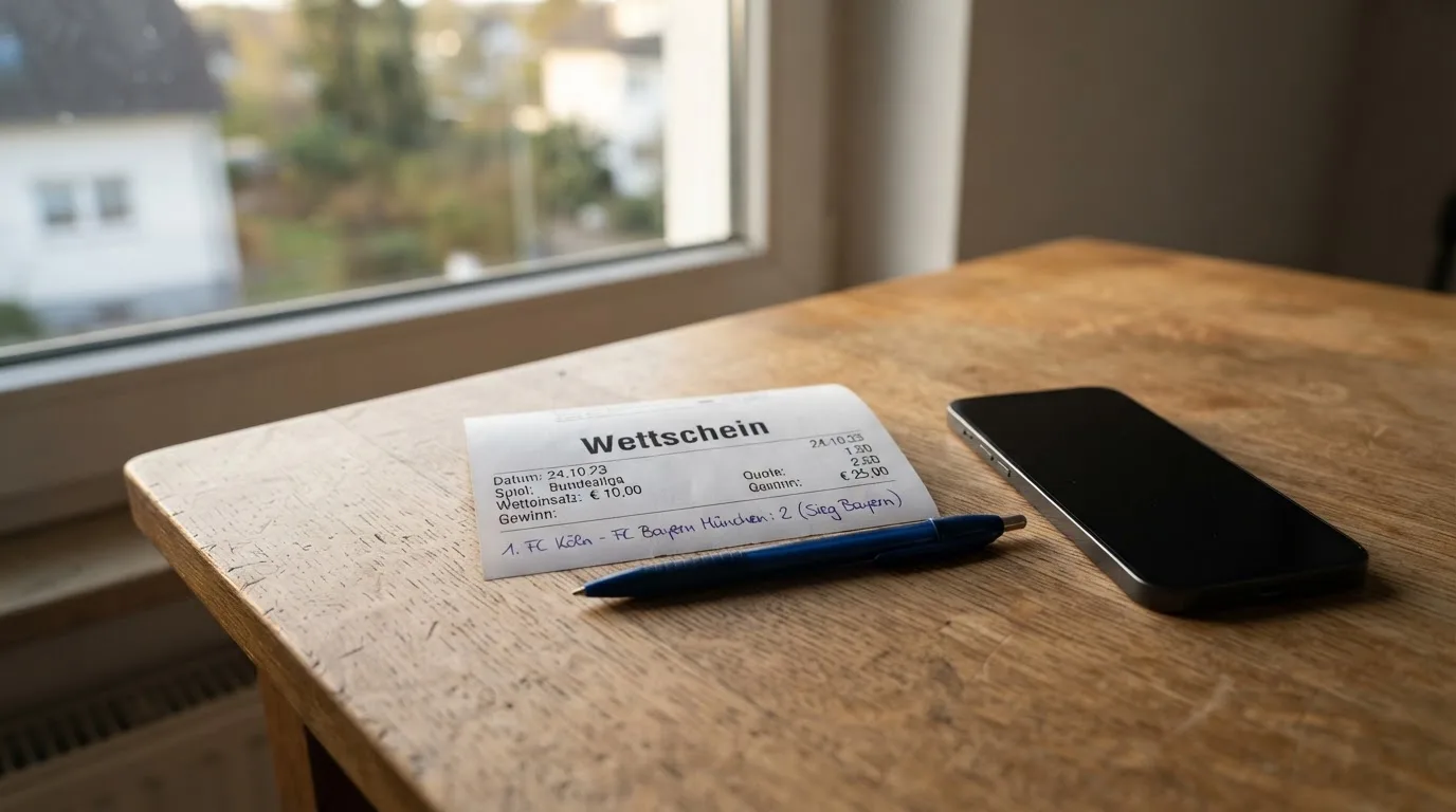 Ein leerer Papier-Wettschein und ein Kugelschreiber liegen neben einem Smartphone mit dunklem Display auf einem Schreibtisch am Fenster.