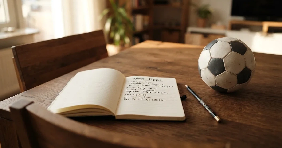 Ein Notizbuch mit handschriftlichen Notizen und einem Bleistift liegt auf einem Holztisch, daneben ein kleiner Fußball im Tageslicht.