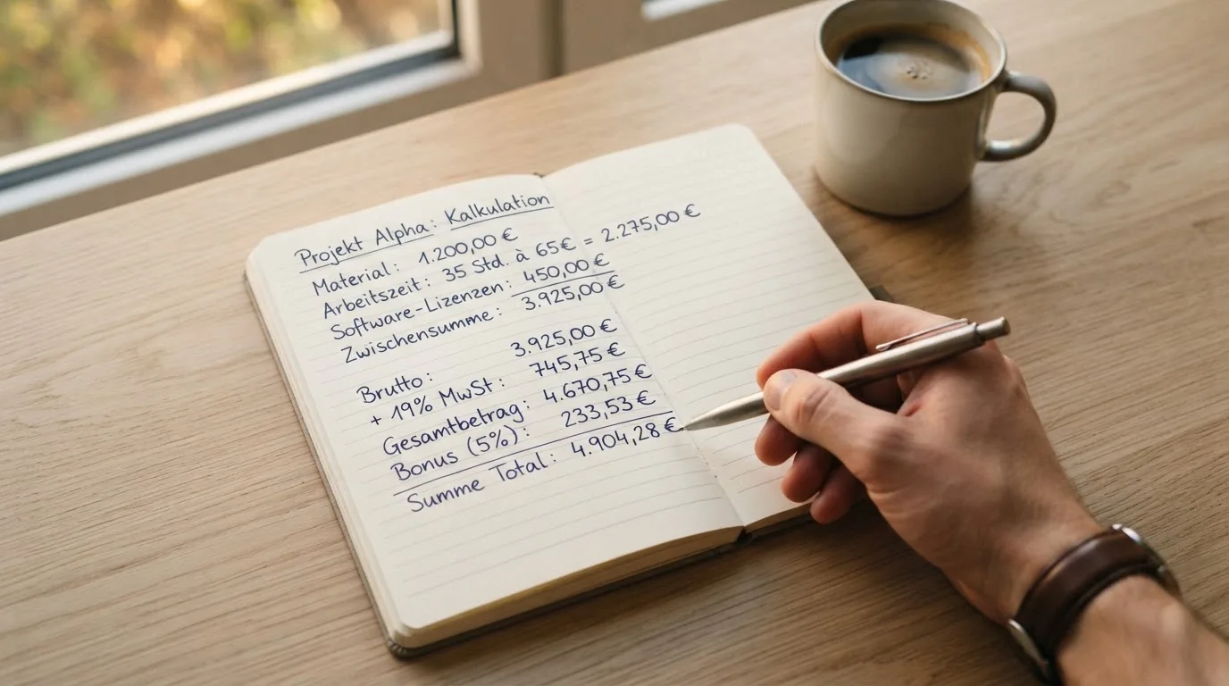 Ein Notizbuch mit handschriftlichen Notizen und ein Taschenrechner stehen auf einem Schreibtisch, daneben eine Tasse.