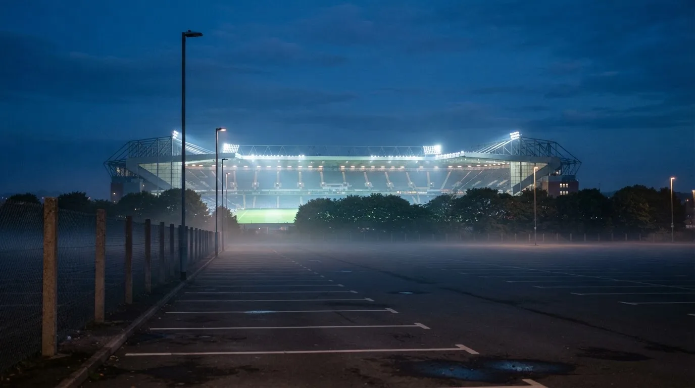 Ein Stadion unter Flutlicht aus der Ferne gesehen, davor ein leerer Parkplatz im Dunst.