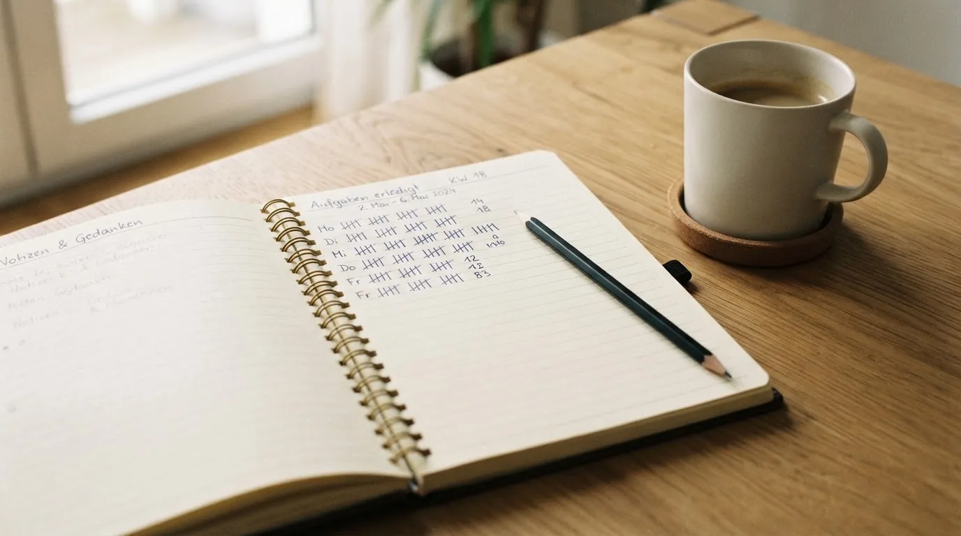 Ein Notizbuch mit handgeschriebenen Strichlisten liegt neben einem Bleistift und einer Kaffeetasse auf einem Holztisch.