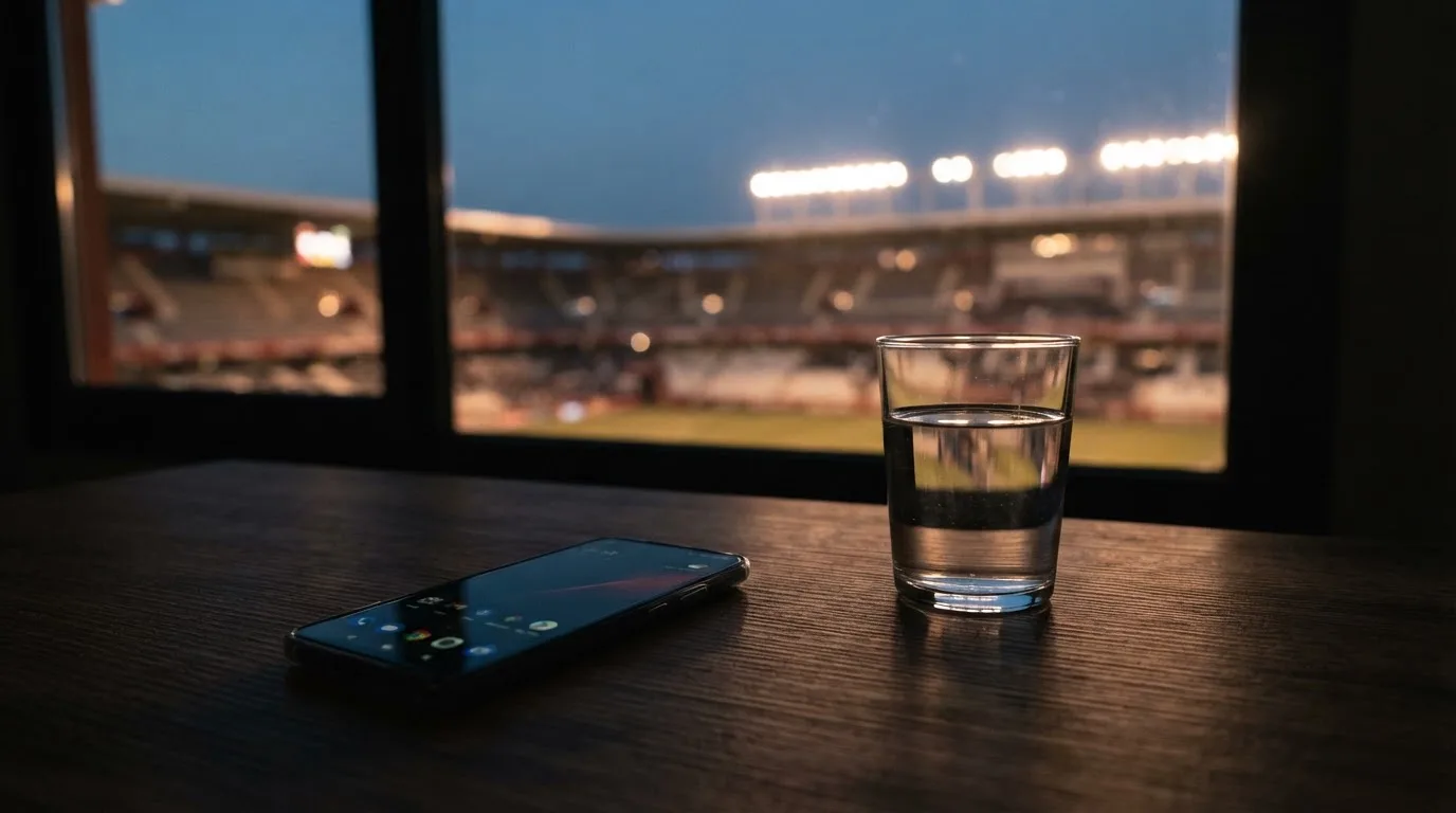 Ein Smartphone mit dunklem Display liegt auf einem Schreibtisch neben einem Glas Wasser, im Fenster dahinter ein Stadion im Dämmerlicht.