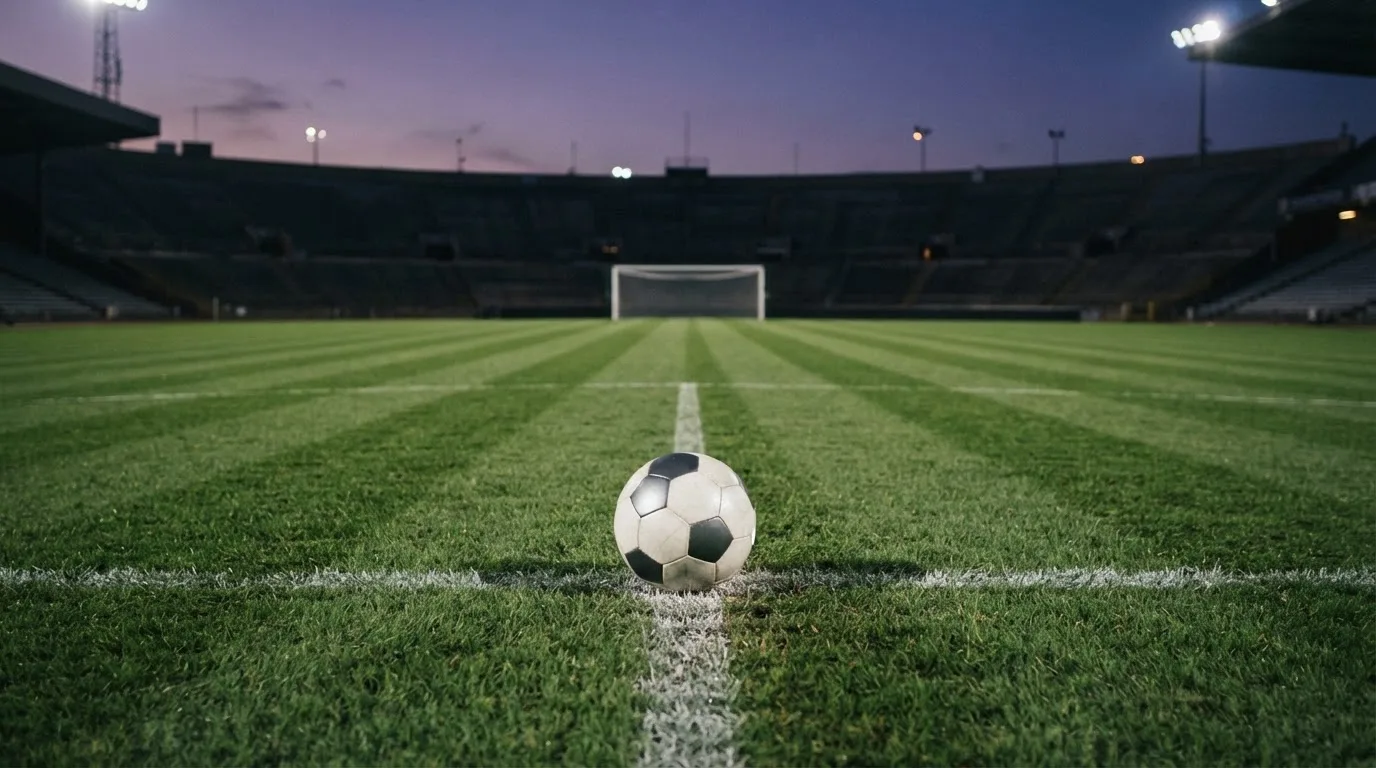 Ein Fußball liegt auf dem Mittelkreis eines leeren Rasenplatzes unter Flutlicht am frühen Abend, die Tribünen sind nur schemenhaft zu erkennen.