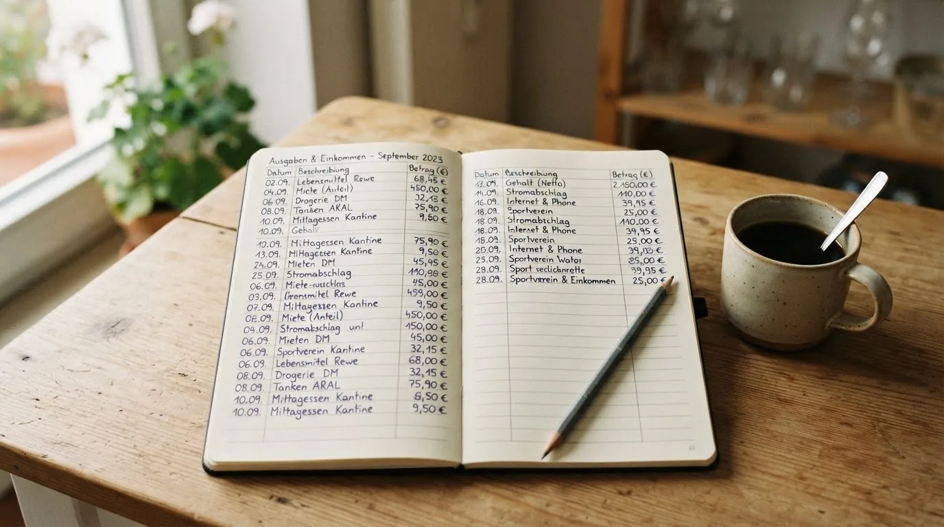 Ein Notizbuch mit handschriftlichen Zahlenreihen und ein Bleistift liegen auf einem Küchentisch neben einer Tasse.