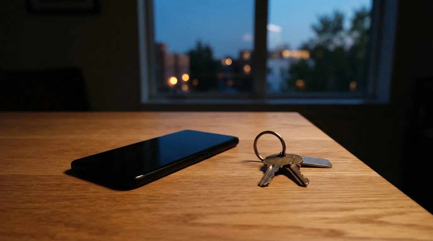 Ein Smartphone mit dunklem Display liegt auf einem Holztisch, daneben ein Schlüsselbund, im Hintergrund ein Fenster mit Abendlicht.