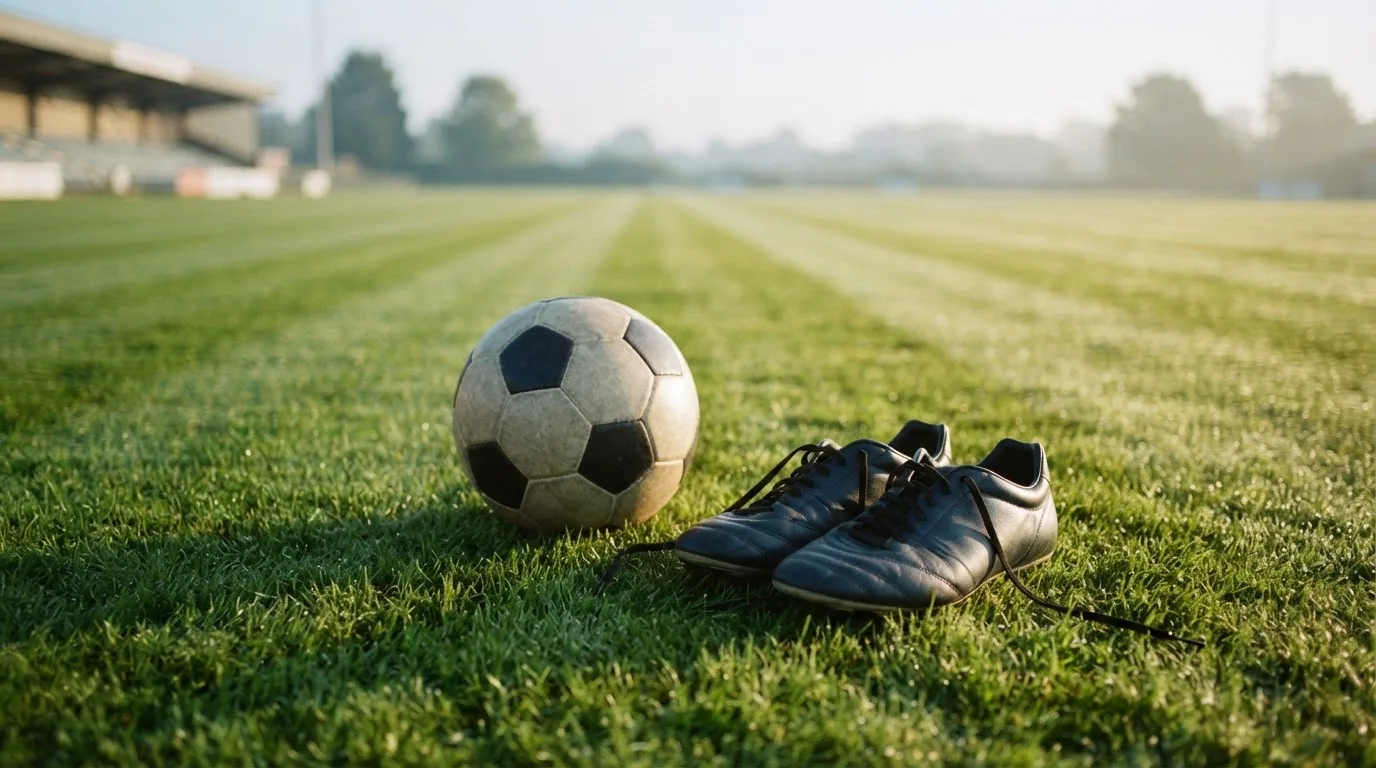 Ein Fußball auf frisch gemähtem Rasen im Morgenlicht, daneben ein Paar Fußballschuhe ohne erkennbare Marke.