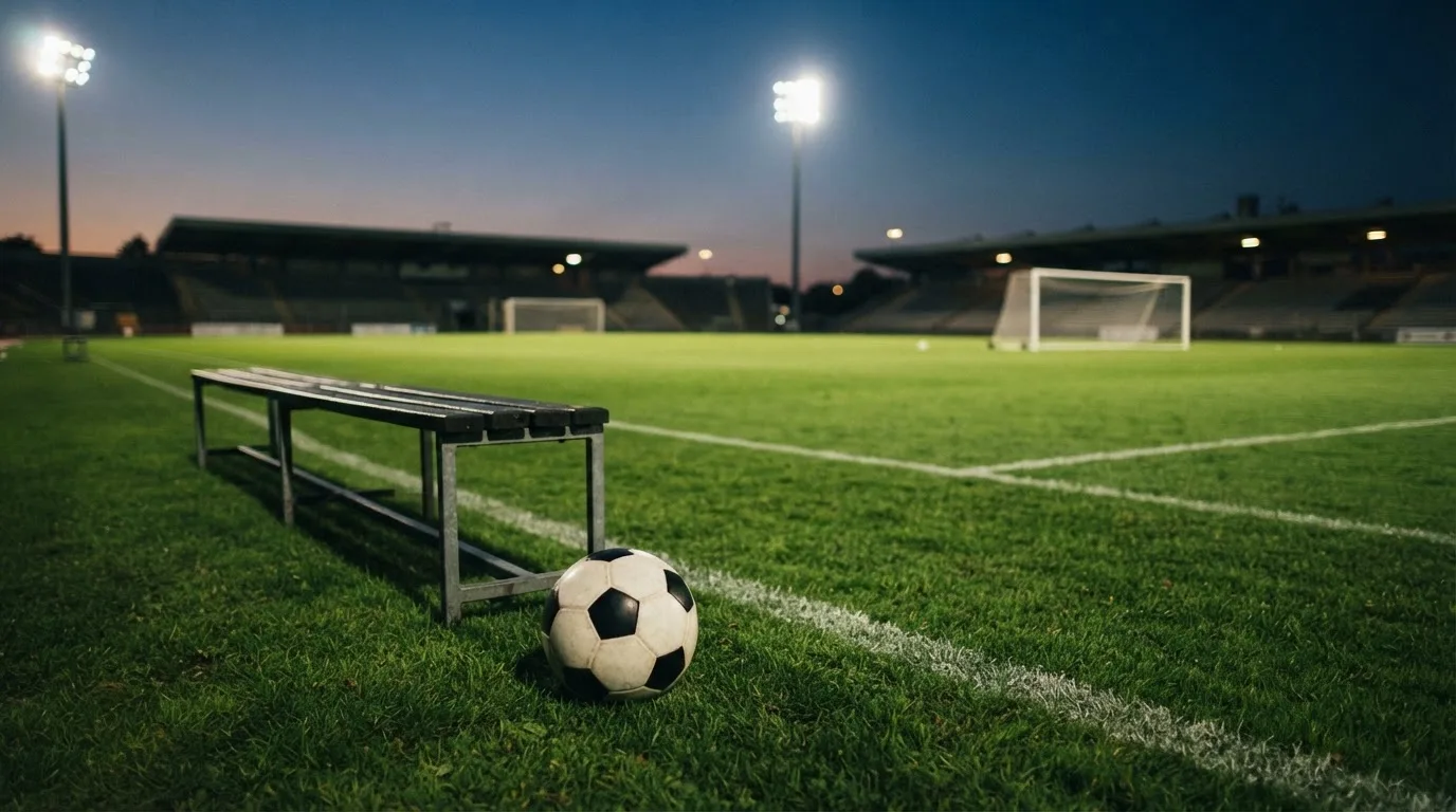 Ein Fußball liegt am Spielfeldrand neben einer leeren Ersatzbank, das Flutlicht über dem Platz leuchtet in der Dämmerung.