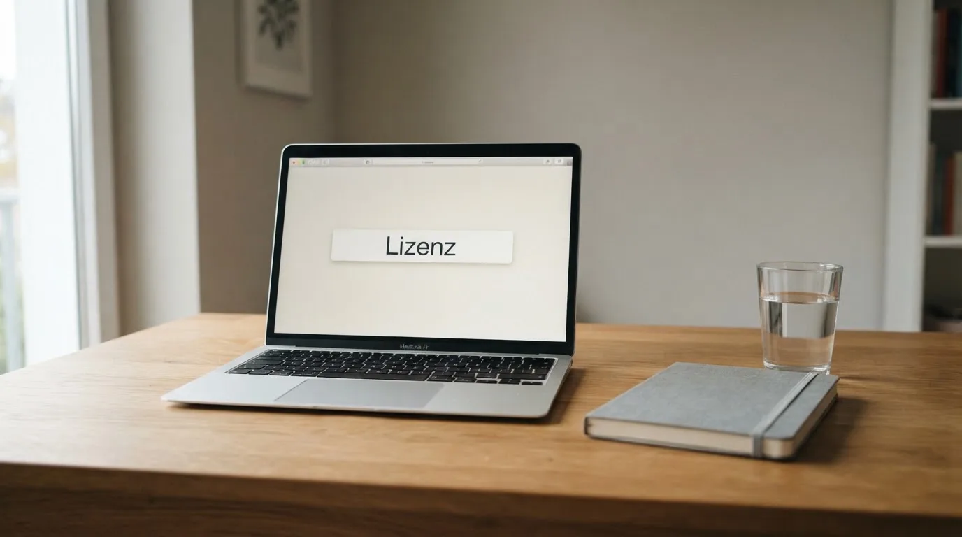 Ein Laptop mit dunklem Bildschirm steht aufgeklappt auf einem Schreibtisch, daneben ein Notizbuch und ein Glas Wasser.