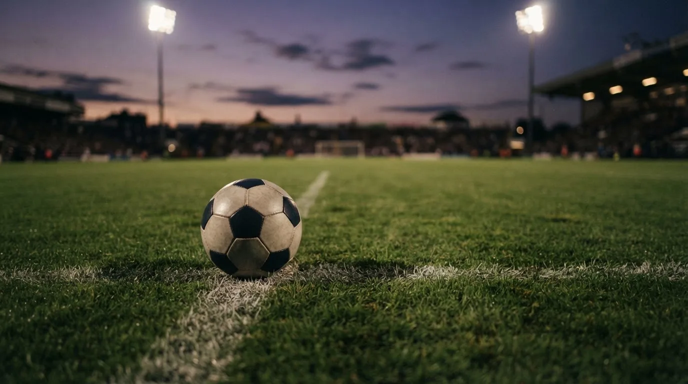 Ein Fußball liegt auf dem Anstoßpunkt eines Rasenplatzes in der Abenddämmerung, Flutlichtmasten stehen unscharf im Hintergrund.