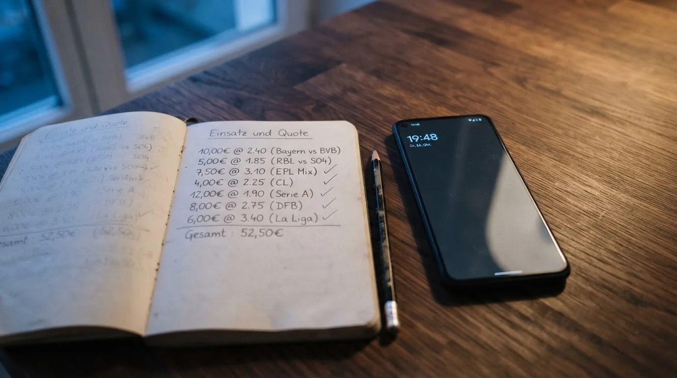 Ein Notizbuch mit handschriftlichen Zahlen liegt neben einem Smartphone mit dunklem Display auf einem Tisch, im Fenster Dämmerlicht.