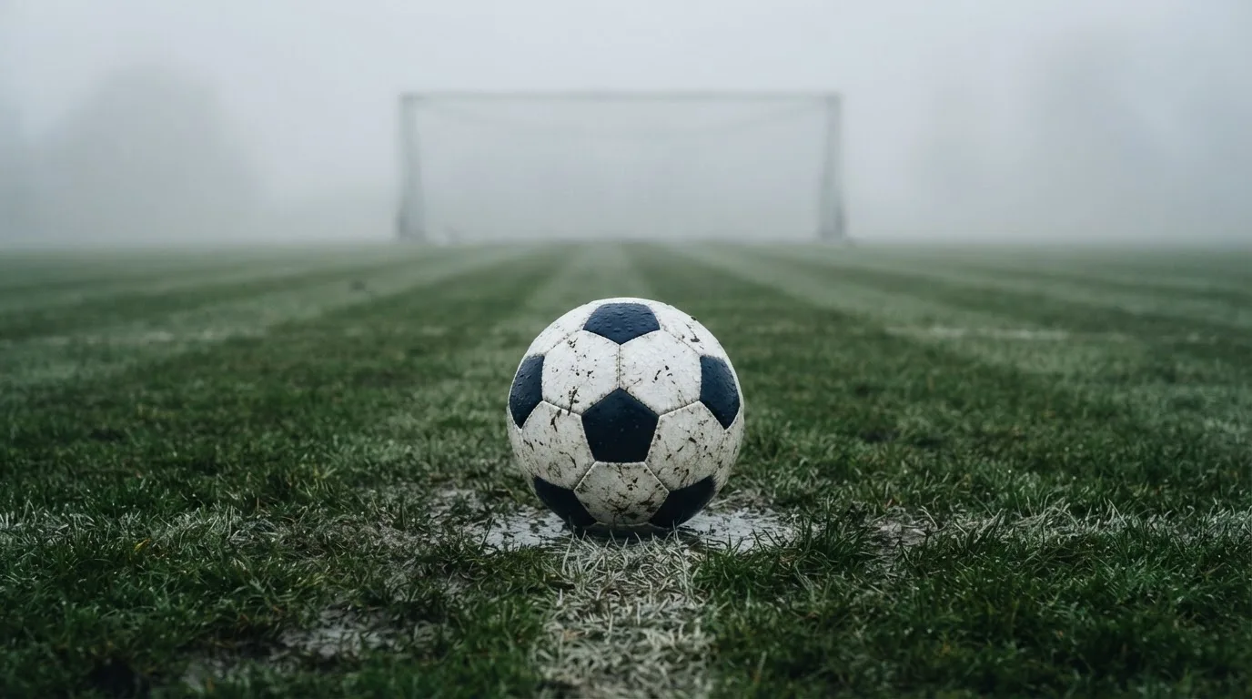 Ein Fußball liegt auf dem Elfmeterpunkt eines nassen Rasenplatzes, im Hintergrund ein leeres Tor im Nebel.