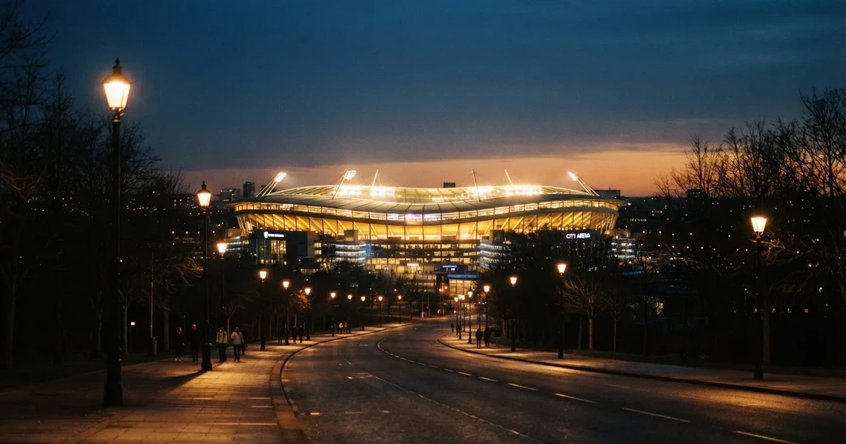 Ein großes Fußballstadion mit hell erleuchtetem Rund, aus der Ferne am Abend gesehen, davor eine breite Allee mit Laternen.