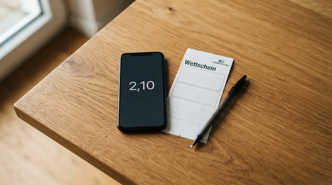 Ein leerer Papier-Wettschein und ein Kugelschreiber liegen auf einem Holztisch neben einem schwarzen Smartphone.
