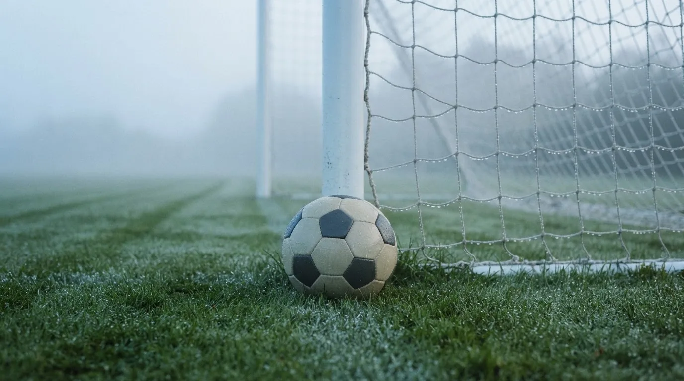 Ein Fußball liegt auf dem Rasen vor einem Tor im Morgennebel, die Netzmaschen sind taufeucht.