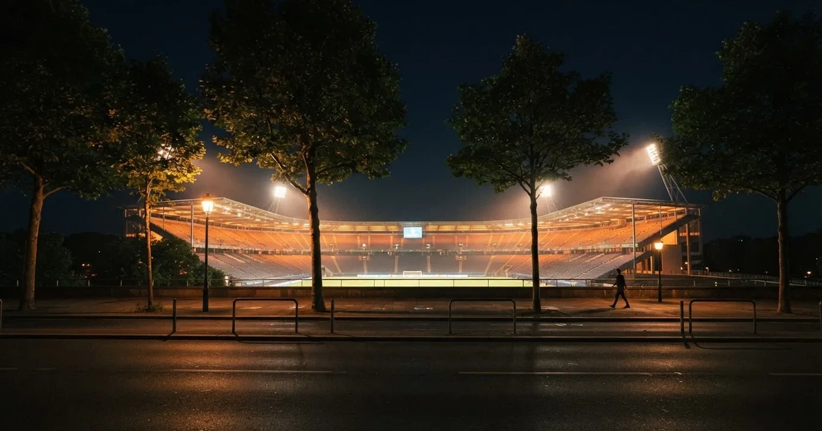Ein hell erleuchtetes Stadion aus der Ferne bei Nacht, davor eine stille Straße und ein paar Bäume.