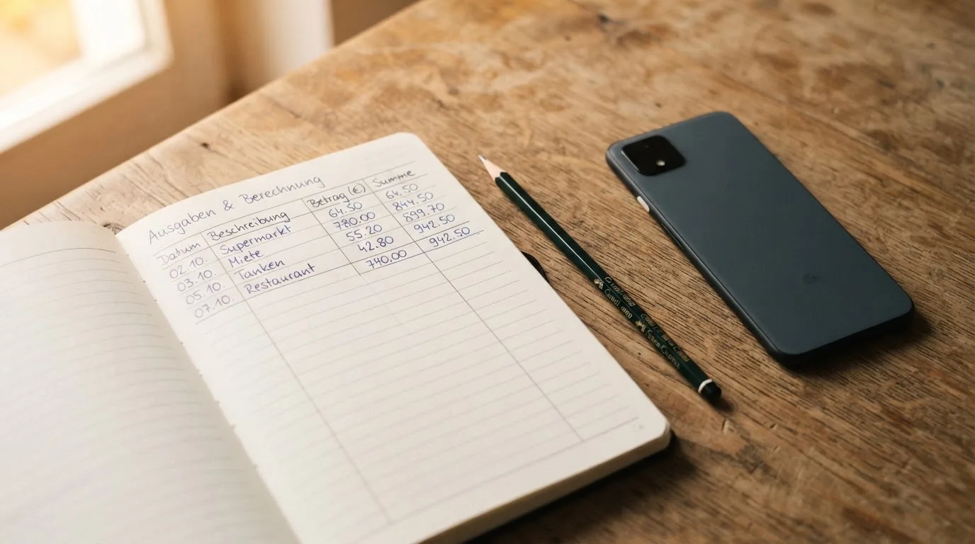 Ein Notizbuch mit handschriftlichen Zahlenreihen liegt neben einem Bleistift und einem Smartphone mit dunklem Display auf einem Tisch.