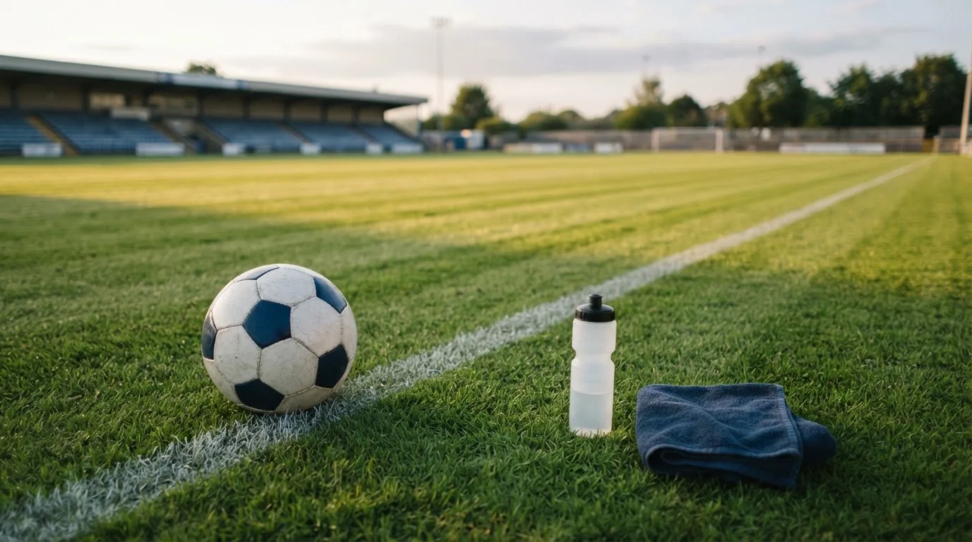 Ein Fußball auf einer Wiese neben der Seitenlinie, daneben eine Trinkflasche ohne Aufdruck und ein Handtuch.