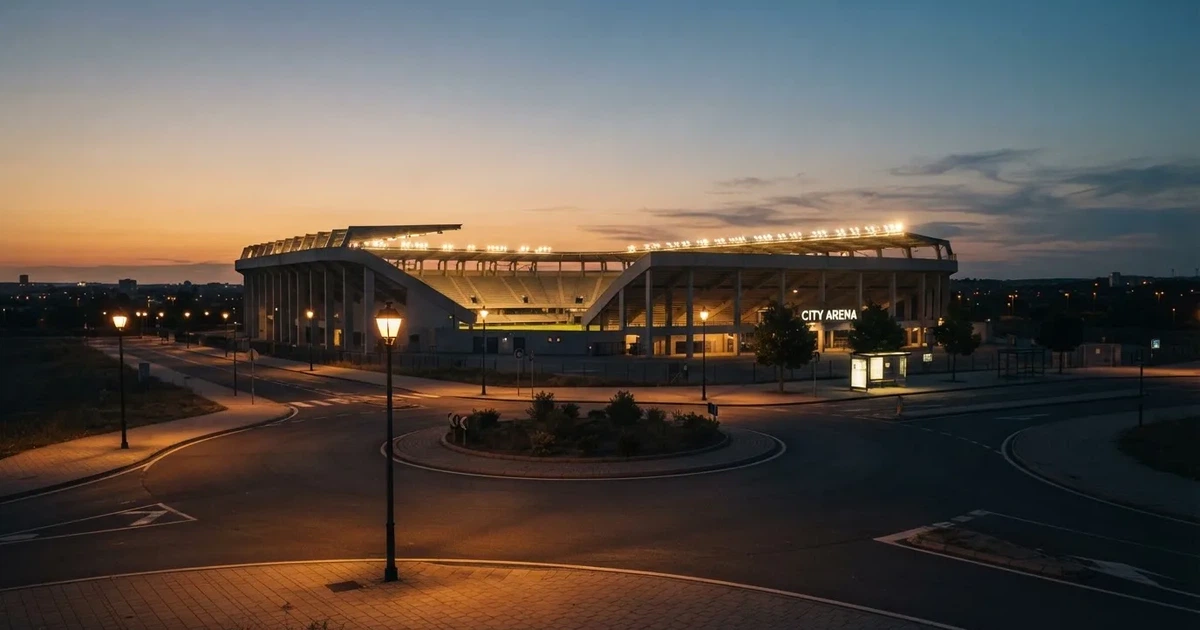 Ein Fußballstadion in der Dämmerung aus der Ferne, die Flutlichter gerade eingeschaltet, davor ein Kreisverkehr mit Laternen.
