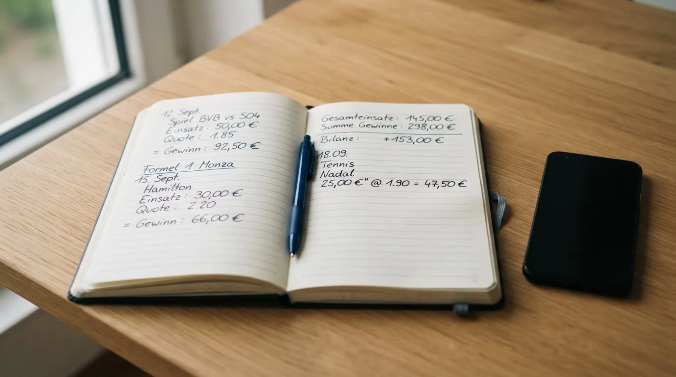 Ein Notizbuch mit handschriftlichen Notizen und ein Taschenrechner liegen auf einem Schreibtisch neben einem Smartphone mit dunklem Display.