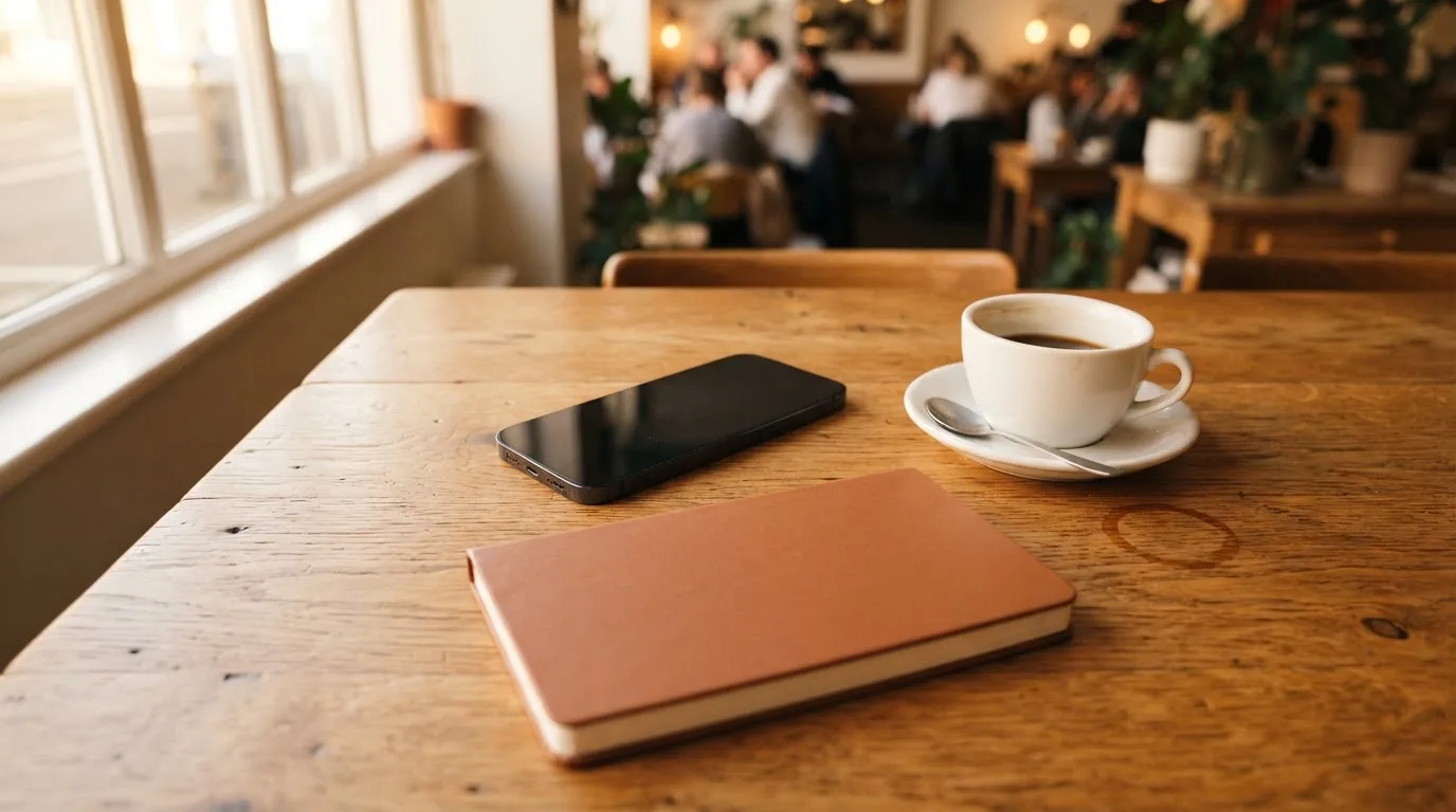 Ein Smartphone liegt mit schwarzem Display neben einer Kaffeetasse und einem Notizblock auf einem Café-Tisch.