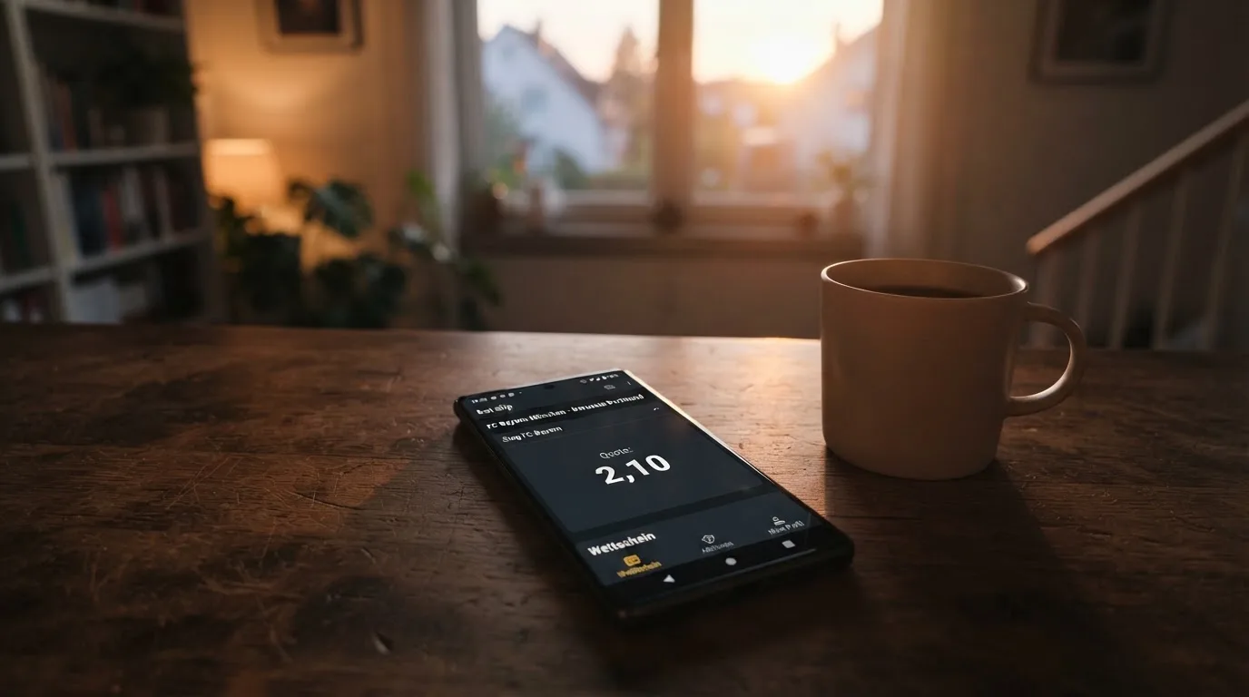 Ein Smartphone mit dunklem Display liegt neben einer Kaffeetasse auf einem Schreibtisch, durch das Fenster fällt Abendlicht.