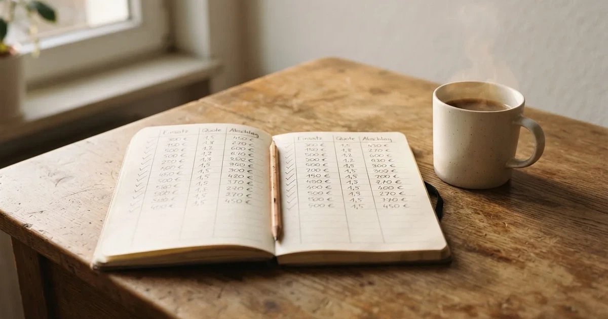 Ein aufgeschlagenes Notizbuch mit handgezeichneten Spalten und Strichen liegt neben einem Bleistift und einer Kaffeetasse auf einem Tisch am Morgen.