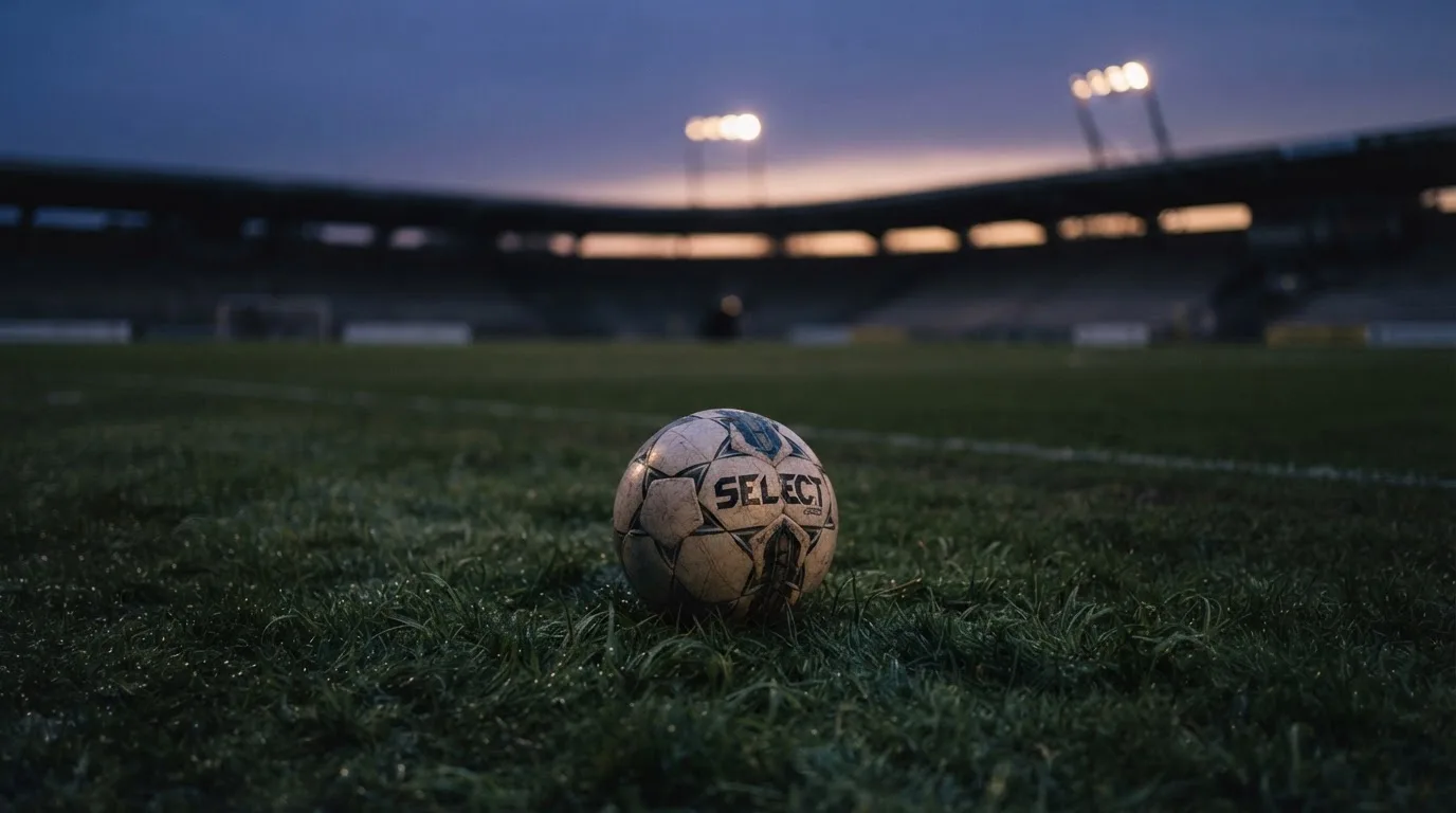 Ein Fußball liegt auf einem Rasenplatz in der Dämmerung, im Hintergrund ein ferner Stadionrand unter Flutlicht.