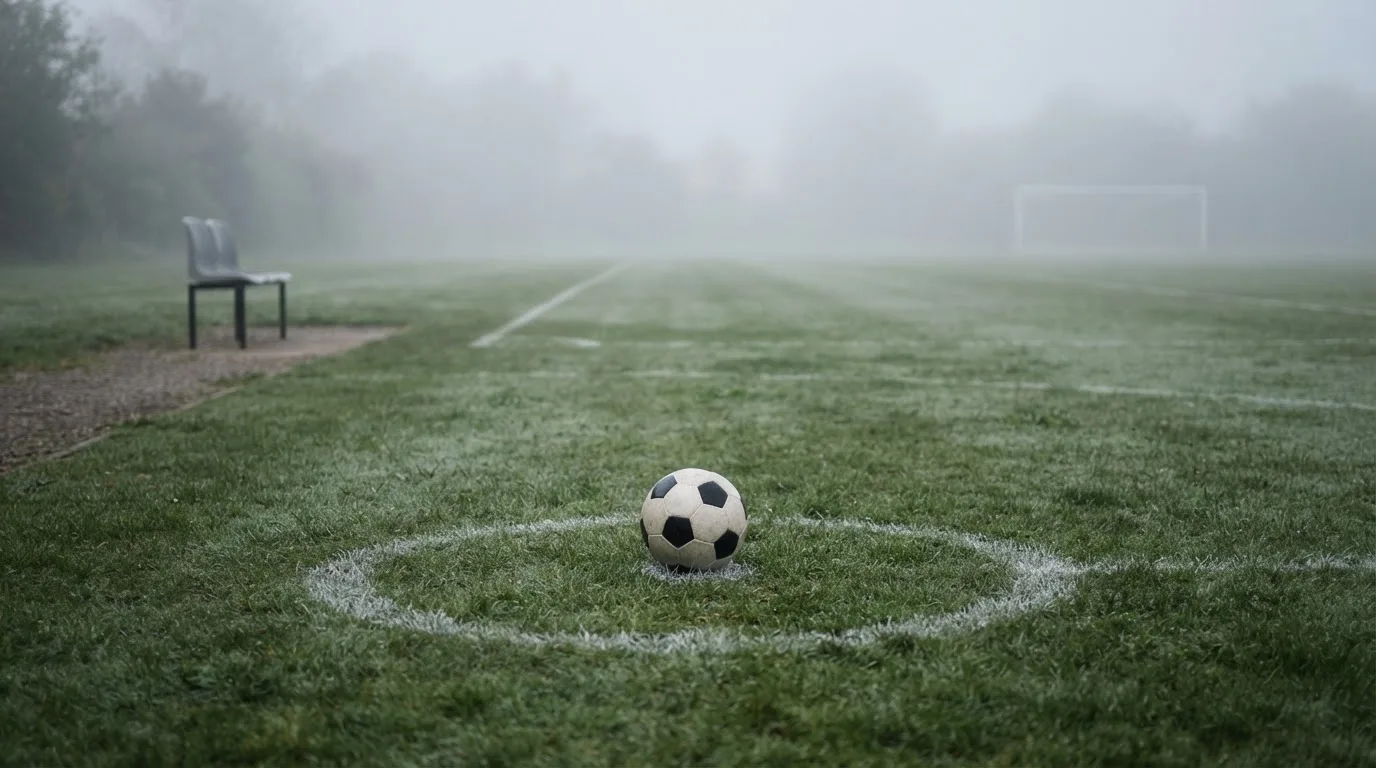 Ein Fußball liegt in der Mitte eines leeren Rasenplatzes im Morgennebel, am Rand steht eine einzelne Auswechselbank.