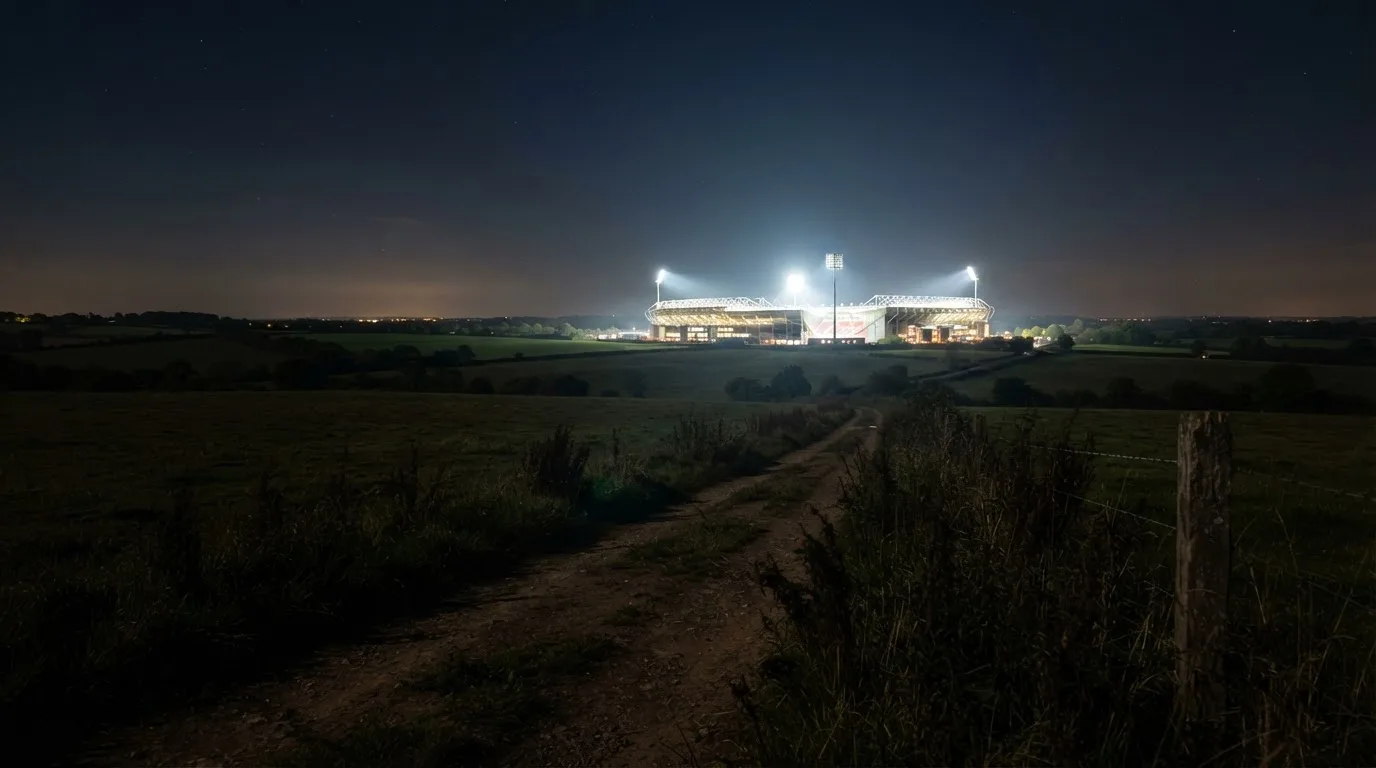Ein Stadion unter Flutlicht von weitem gesehen, davor ein Feld und ein Feldweg im Dunkeln.